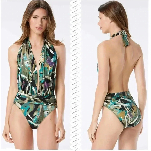 Vince Camuto Halter Plunge One Piece Swimsuit - Rainforest Size 4 - Picture 1 of 7